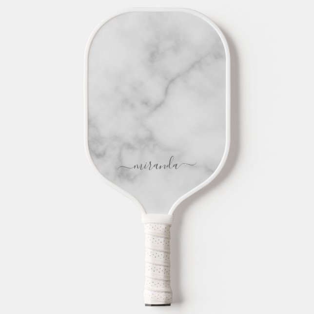 Palas De Pickleball Mármol blanco con el nombre personalizado del guió (Anverso)