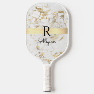 Palas De Pickleball Mármol dorado y blanco, barra de oro, nombre negro