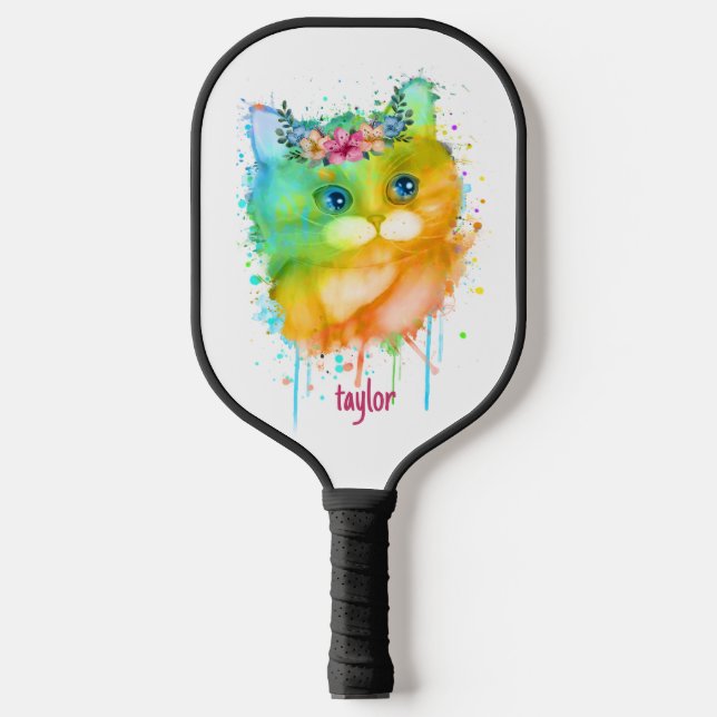 Palas De Pickleball Mascota acuarela Cat con flores (Anverso)