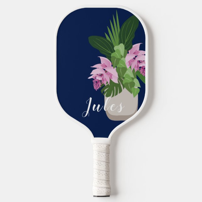 Palas De Pickleball Medinilla tropical Vasa de flores rosadas en azul  (Anverso)