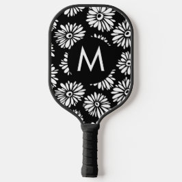 Palas De Pickleball Minimalist Groovy Black and White Daisy Monogram