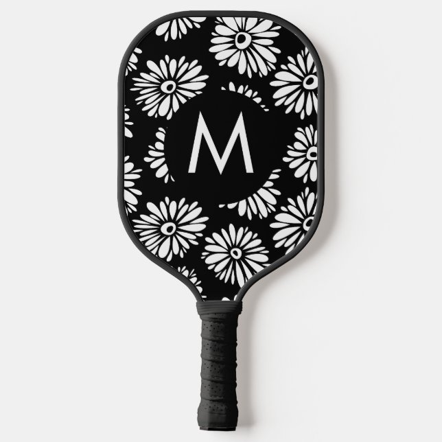 Palas De Pickleball Minimalist Groovy Black and White Daisy Monogram (Reverso )