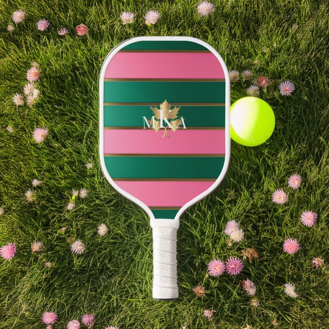 Palas De Pickleball Moda Lujo Monogramado Rosa y Verde (Stylish Monogram Pink and Green Ivy Emblem Pickleball Paddle )