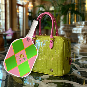Palas De Pickleball Moda Monogramada Rosa y Verde Argyle