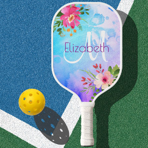 Palas De Pickleball Moda morada azul floral acuática Monograma moderno