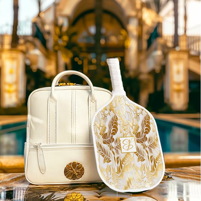 Palas De Pickleball Moda y oro monogramado elegante Monstera dorado (Chic Monogrammed Monstera Gilded Gold Pickleball Paddle)