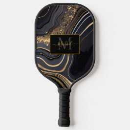 Palas De Pickleball Modern Black and Gold Marbled Monogram
