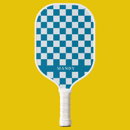 Palas De Pickleball Modern Blue & White Checkerboard Custom Name