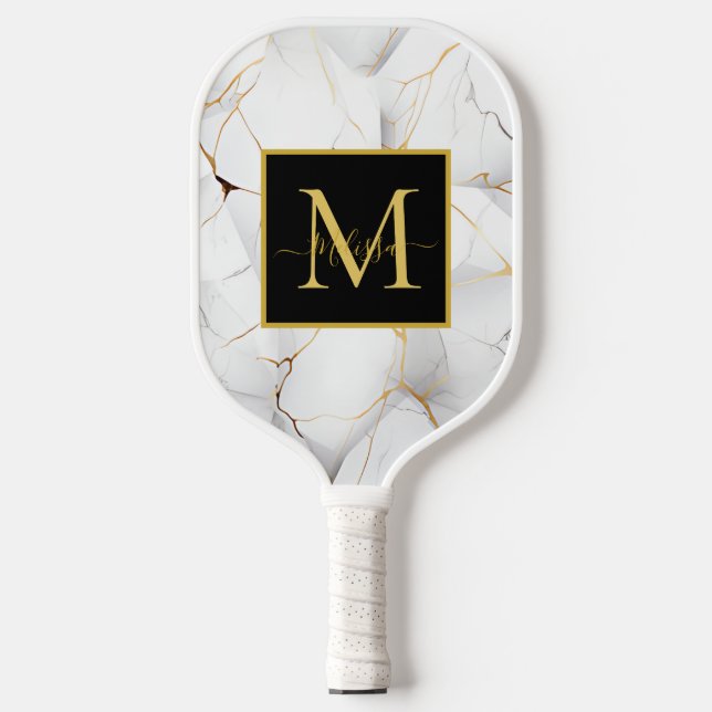 Palas De Pickleball Modern White and Gold Marbled Monogram Name (Anverso)