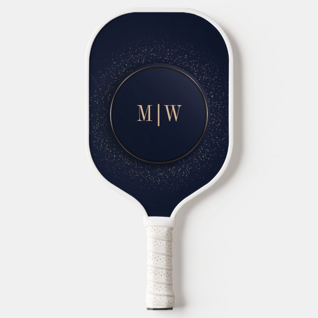 Palas De Pickleball Moderna Línea de Círculo Dorado Elegante Azul Mono (Anverso)