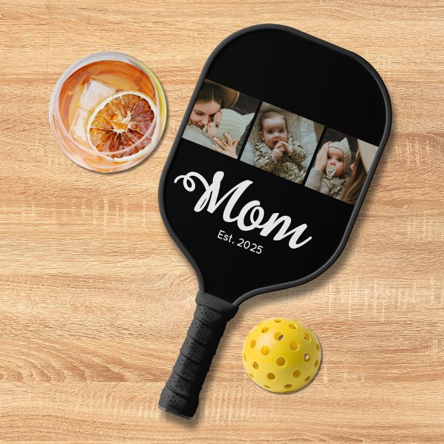 Palas De Pickleball Mom Established Modern Bold Script Black 3 Photo (Mom Established Modern Bold Script 3 Photo Black White Pickleball Paddle with Photos, Mom, Years.)