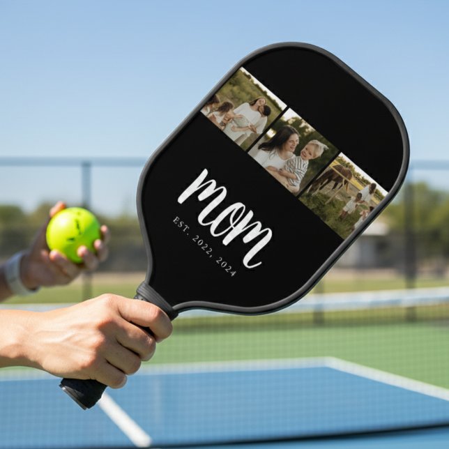 Palas De Pickleball Mom Established Modern Bold Script Black 3 Photo (modern 3 photo black and white script mom established pickleball paddle mother's day gift for mom)