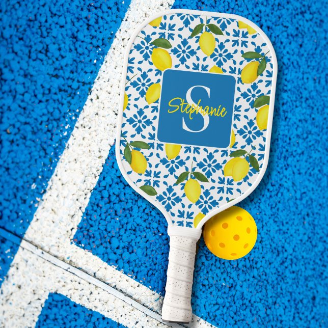 Palas De Pickleball Monogram Name Blue French Tile Lemon Pattern  (Subido por el creador)