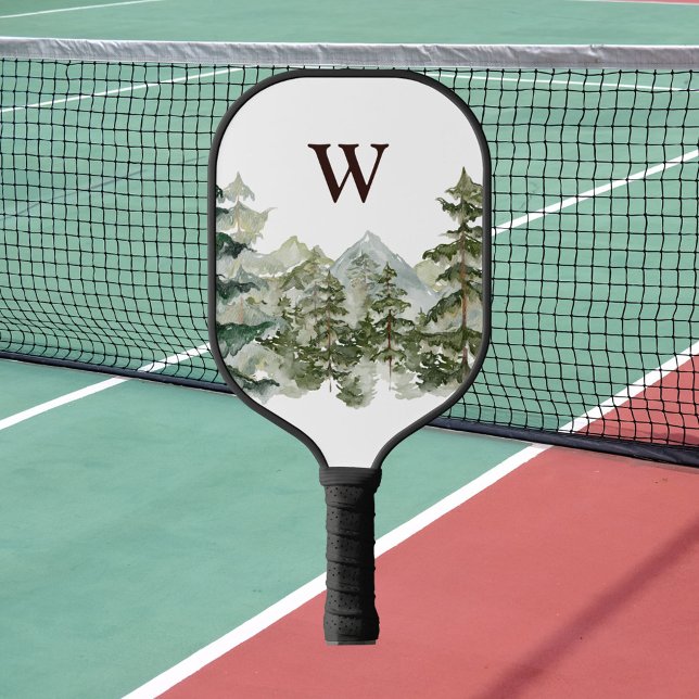 Palas De Pickleball Monograma acuarela Pine Forest & Mountain Rustic (In situ)