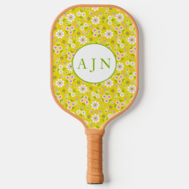 Palas De Pickleball Monograma amarillo y blanco con flores de mod retr
