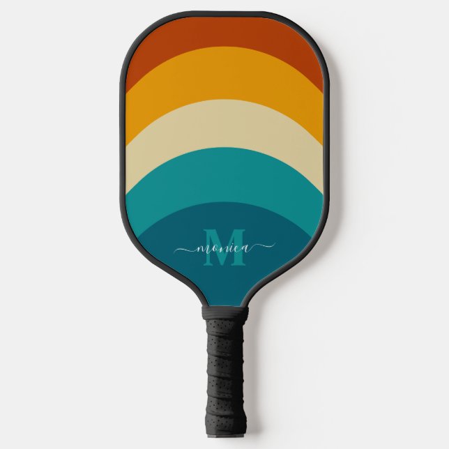 Palas De Pickleball Monograma arcoiris Nombre personalizado Retro Traz (Anverso)