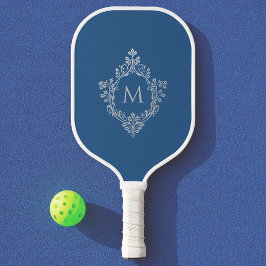 Palas De Pickleball Monograma azul clásico en Escudo vintage elegante