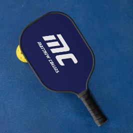Palas De Pickleball Monograma Azul oscuro Nombre Minimalista Blanco Te