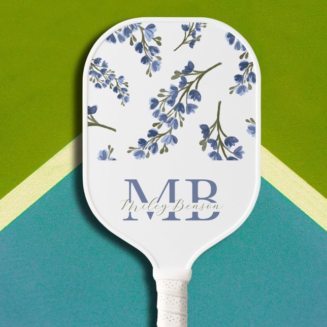 Palas De Pickleball Monograma azul Retro Estético Preppy (Preppy Blue Wildflowers  Pickleball Paddle - old money aesthetic)