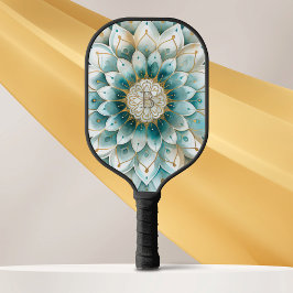 Palas De Pickleball Monograma Azul Verde azulado Oro Floral Mandala