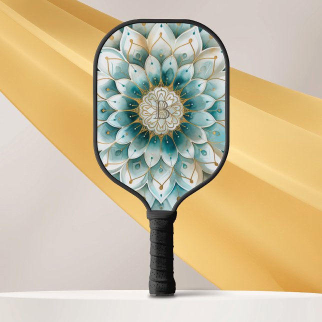 Palas De Pickleball Monograma Azul Verde azulado Oro Floral Mandala (Subido por el creador)