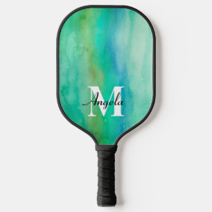 Palas De Pickleball monograma azul y turquesa abstracto de acuarela