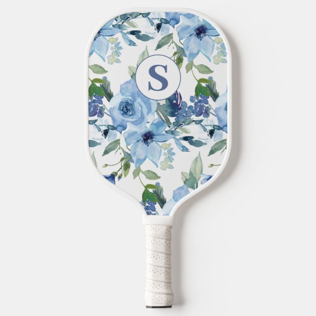 Palas De Pickleball Monograma Blue Floral Paddle Botánico de bolas de  (Anverso)