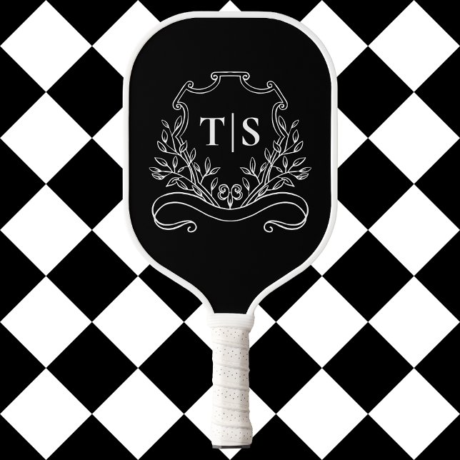 Palas De Pickleball Monograma Clásico Cresta Negro y Blanco (Black & White Monogram Classic Crest Pickleball Paddle)
