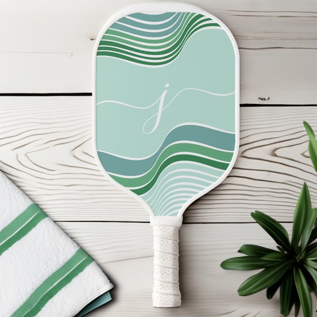 Palas De Pickleball Monograma con guión elegante Resumen Onda verde re (Stylish Script Monogram Abstract Retro Green Wavy Pickleball Paddle)