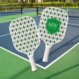 Palas De Pickleball Monograma Cuadros Verdes Rosados