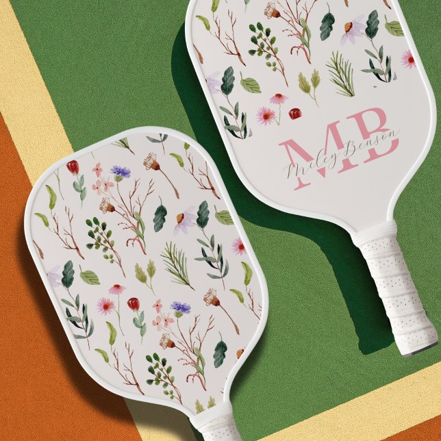 Palas De Pickleball Monograma curtido de flores silvestres retro estét (Preppy gift - personalized floral wildflower pickleball paddle)