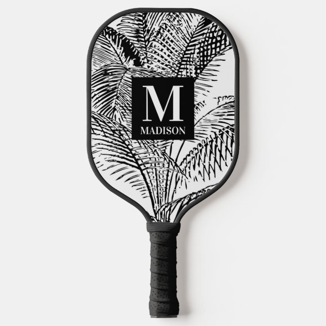 Palas De Pickleball Monograma de abstrato blanco y negro con hojas de  (Anverso)