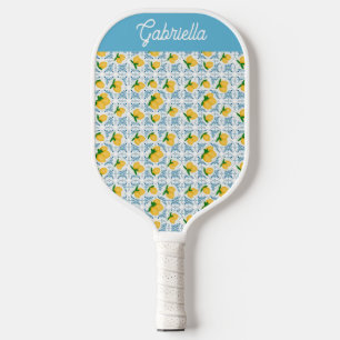 Palas De Pickleball Monograma de baldosas azules y limones estilo país