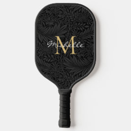 Palas De Pickleball Monograma de Floral Negro Elegante con Letra de Or