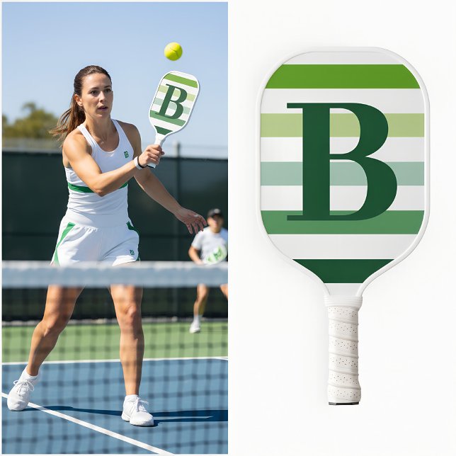 Palas De Pickleball Monograma de franjas verdes de moda (pickleball paddle with monogram)