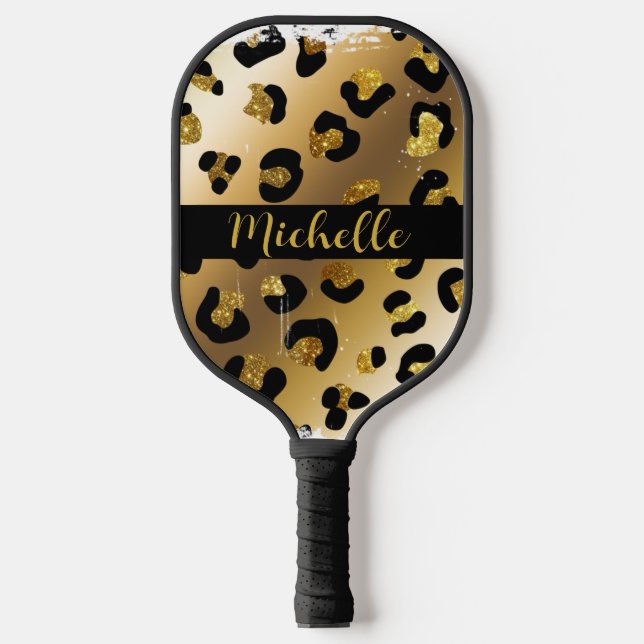 Palas De Pickleball Monograma de impresión de animales leopardo negro  (Anverso)