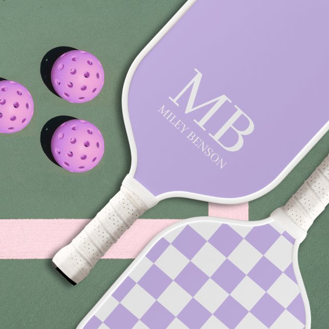 Palas De Pickleball Monograma de Lavanda de Country Club Estético (Checkered Lavender Personalized Pickleball Paddle )