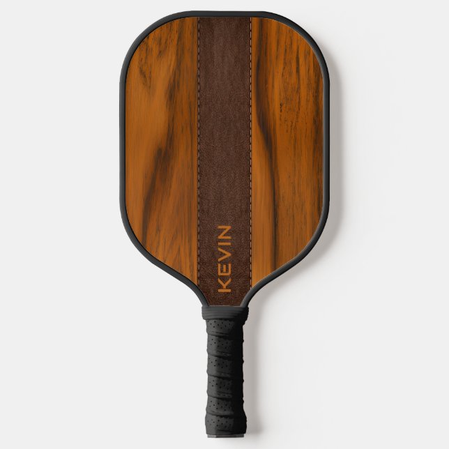 Palas De Pickleball Monograma De Madera De Mahogany Y Textura De Cuero (Anverso)