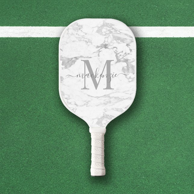 Palas De Pickleball Monograma de mármol de Relieve metalizado plateado (Luxury Silver Foil Marble Monogram Pickleball Paddle)