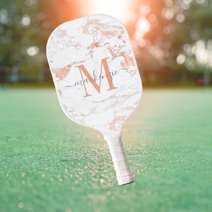 Palas De Pickleball Monograma de mármol Rosa de lujo Relieve metalizad