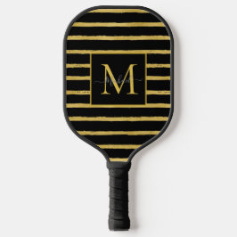 Palas De Pickleball Monograma de nombre a rayas negras y doradas moder