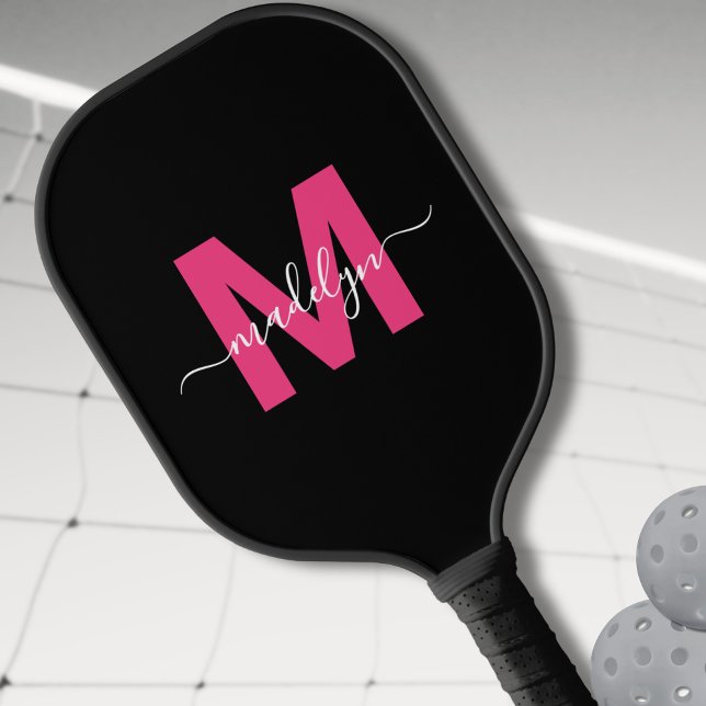 Palas De Pickleball Monograma de nombre con letra script moderna rosa  (Custom Pink Modern Script Name Monogram Pickleball Paddle)
