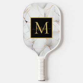 Palas De Pickleball Monograma de nombre con mármol blanco y dorado mod