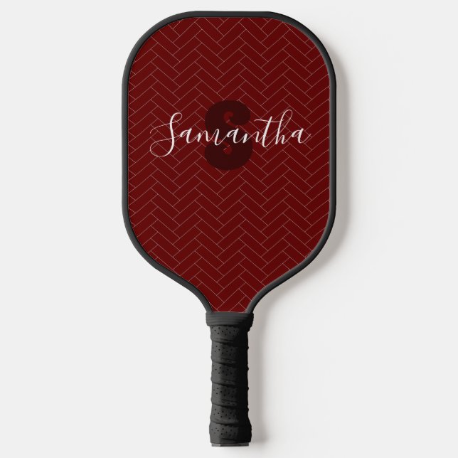 Palas De Pickleball Monograma de nombre de borgoña Herringbone (Anverso)