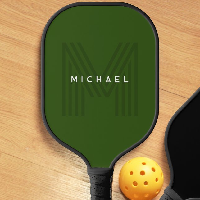 Palas De Pickleball Monograma de nombre moderno simple verde (dark green monogram pickleball paddle)