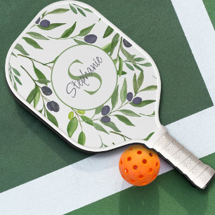 Palas De Pickleball Monograma de nombre patrón de olivo acuarela