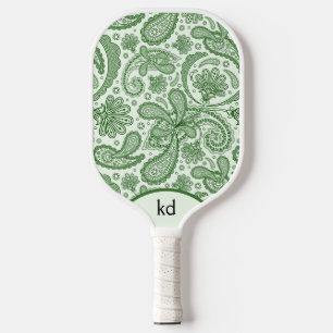 Palas De Pickleball Monograma De Paisley Floral Verde Y Blanco