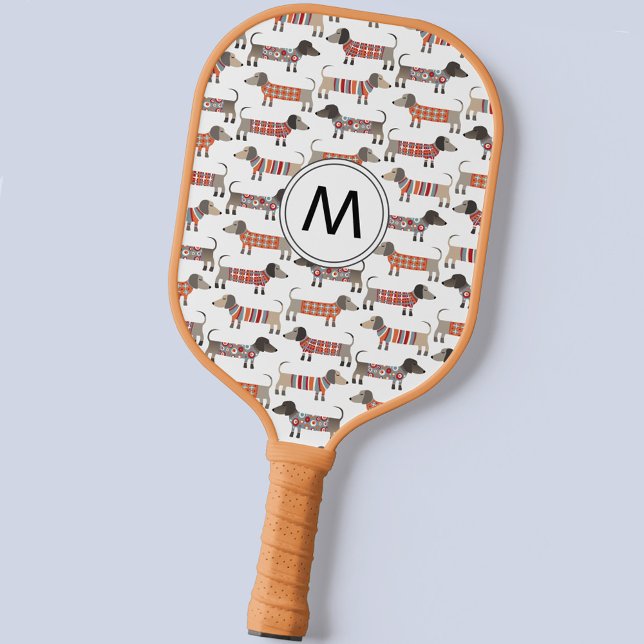 Palas De Pickleball Monograma de perros Dachshund Sausage (Dachshund Sausage dog monogram pickleball paddle)
