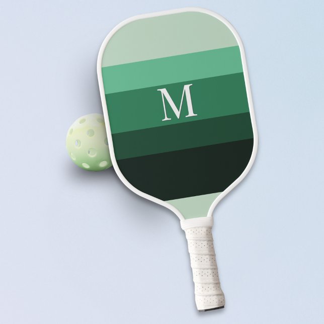 Palas De Pickleball Monograma de rayas con gradiente verde moderno (A stylish, monogrammed pickleball paddle, with a modern color block design of green gradient stripes)