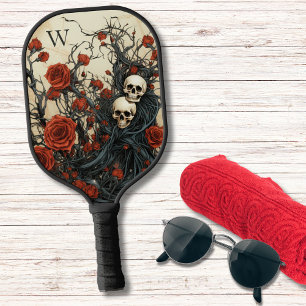 Palas De Pickleball Monograma de rosas rojas góticas y cráneos
